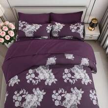 7pcs Fashionable Flower Printed Bed Comforter Set, 100% Polyester Soft Comfortable And Durable Summer Bedding Set, Include 1 Comforter+1 Flat Sheet+1 Fitted Sheet+2 Pillowcases+2 Pillowsham,All-Season, Bed In A Bag, Perfect Room Decor, Holiday Gift - Purple - View 1
