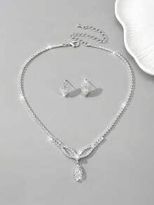 3pcs Set Minimalist Copper Rhinestone & Crystal Necklace & Earrings Jewelry Set, Wedding Accessories