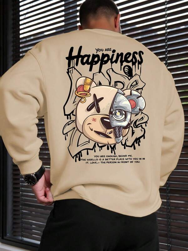 Autumn/Winter Men's Crew Neck Sweatshirt, Mechanical Panda Print & Colorful Text Casual Streetwear