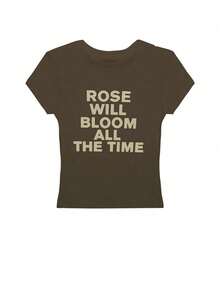 复古美式字母印花短袖T恤，修身设计，独特休闲夏季上衣 - 軍綠色 - 查看 2