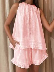 Women's Summer Shorts Outfit Loose Fit Stylish Solid Ruffled Trim Sleeveless Tops And Shorts 2 Pcs Set - 粉色 - 查看 2