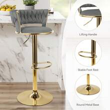 Nalupatio Set Of 2 Luxurious Bar Stools With Velvet Upholstery, Backrest & Footrest – Height Adjustable & Swivel, With Gold Metal Base - Dark Grey - View 3