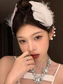 2件套法式白色天鹅羽毛珍珠头饰，适合芭蕾舞、新娘羽毛发饰、情人节配饰