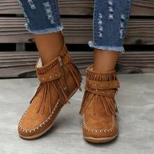 Fashionable Tassel Women's Ankle Boots, Tassel Decoration, Side Zipper, Versatile And Comfortable, Suitable For All Seasons, Suitable For Casual Or Formal Occasions - 棕色 - 查看 3