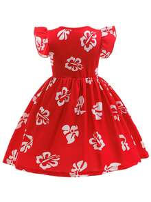 Vestido de estilo hawaiano para niñas en verano, con estampado de hojas blancas - Incluye set de corona de flores hawaianas, disfraz de Halloween y Navidad, falda hula - Rojo - Ver 4