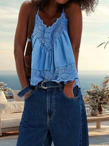 Babydoll Tops For Women Y2k Lace Boho Tops Sleeveless Spaghetti Strap Tank Tops Solid Color See Through Cami Tops V Neck Backless Loose Fit Shirts Going Out Smocked Tops Beach Vacation Peplum Tops Streetwear Vintage Clothes - Màu xanh lam - Xem 4