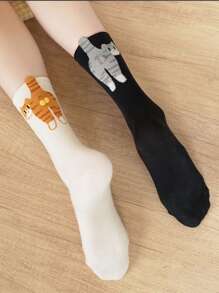 2 Pairs Of Spring And Autumn Cute Socks For Men And Women, Abstract Style 3D Cat Socks, Fun Boat Socks With Cute Cat, Egg And Bell Patterns, 3D Cat Hip Decoration Soft And Breathable Cartoon Style Socks, Everyday Wear, Valentine's Day