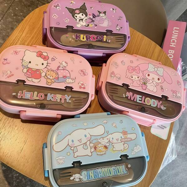 Sanrio Lancheira escolar Sanrio Hello Kitty com 3 divisórias, material de aço inoxidável, ideal para micro-ondas (com talheres), caixa de salada, caixa de frutas - grande capacidade, hermética e à prova de vazamentos, lancheira prática para adultos e lancheira de material durável com divisórias, lancheira para piquenique, lavável à mão e reutilizável, adequada para trabalho, escola e viagens, lancheira para trabalho, itens essenciais para a escola, lancheira para meninas