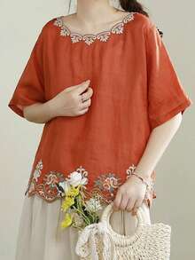 Women's Loose Cotton Linen Tops Floral Embroidery Short Sleeve Round-Neck T-Shirt For Summer - trái cam - Xem 2