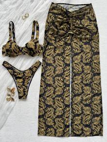 HOTTIE HABIT Women's 2 Pieces Black Gold Floral Print Bikini Set, Underwire Cami Bikini Top & Ruched Split Maxi Cover Up Skirt, Summer Beach Swimwear - Multicolor - View 5
