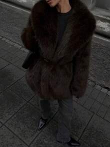 DEEKA Autumn/Winter New Faux Fur Thick Warm Mid-Length Coat With Belt - Chocolate Brown - View 5