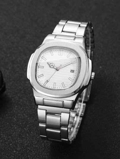 1pc Square Dial Calendar Stainless Steel Quartz Business Wrist Watch, No Horloge Box Included view 8