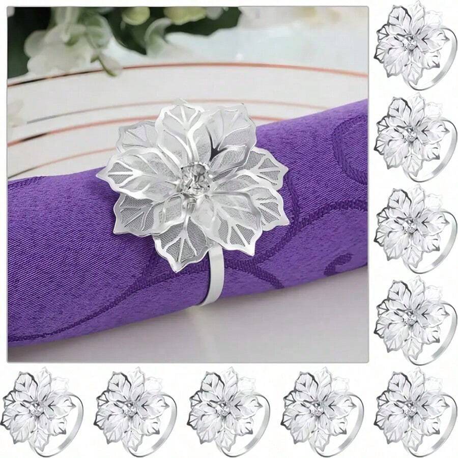 6pcs Alloy Napkin Rings, Hollow Flower Design, Suitable For Weddings, Parties, Holiday Banquets, Christmas Dinners, Exquisite Buckle Decor Gift - Multicolor - View 1
