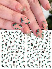 2 件节日圣诞美甲贴纸红色冬青圣诞冬季自粘指甲贴花 DIY 美甲美甲装饰配件 - 彩色 - 查看 4