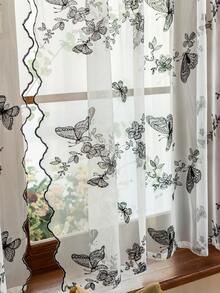 1 件米色绣花菊花蕾丝薄纱窗帘 - 黑色 - 查看 5