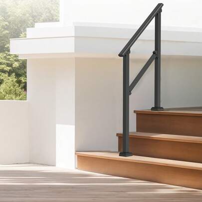 Handrails For Outdoor Steps, 2-3 Step Stair Hand Rail Kit, Transitional Carbon Steel Railings With Installation Kit, Stair Rails For Seniors, Concrete Steps & Porch & Deck, Black Square Tube