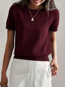 Women's Lightweight Solid Color Short Sleeve Knit T-Shirt, Minimalist Summer Top