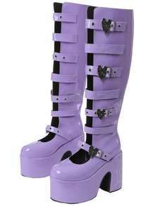 Y2k Style Women's Knee High Boot Solid Color  Buckle Round Toe Punk Motorcycle Nightclub Cosplay Shoes - 紫色 - 查看 10