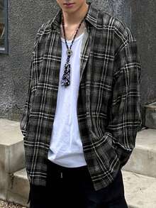 男士休闲日常格子长袖衬衫，适合秋冬季 - 彩色 - 查看 2