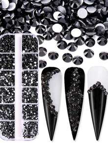 1盒12格3D美甲水钻套装，美甲宝石，水晶透明平底水钻，带收纳盒，6种尺寸（1.5-3.9毫米），适用于美甲工艺和美甲用品 - 彩色 - 查看 18