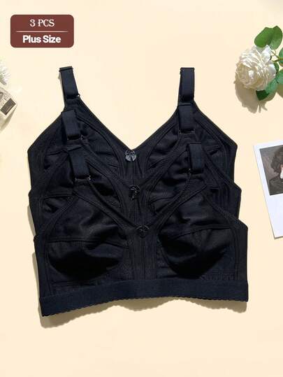 3 pièces Soutien-gorge casual pour femmes grandes tailles en tricot, imprimé floral, confortable, minimaliste, sport, régulier
