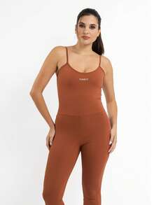Women's Long Polyamide Fitness Gym Jumpsuit With Thin Straps - 鏽棕色 - 查看 6