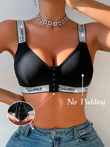 Sujetador con cierre delantero inalámbrico de alambre de plata para mujeres - Negro - Ver 4