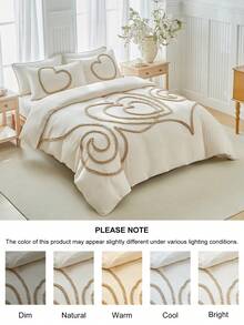 2/3 件卡其色心形图案簇绒涤纶羽绒被套，破旧别致现代奢华大号床上用品套装，适合所有季节（1 个羽绒被套 + 1/2 个枕套），柔软透气，无填充物 - 卡其色 - 查看 6