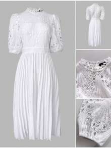 ChicMe Women's Lace Hollow Puff Sleeve Stand Collar Ruffle Midi Dress, Back Zipper Closure, Elegant For Party, Cocktail, Work And Casual Wear - White - View 3