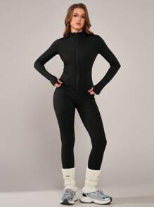 NcmRyu 1 Set Damen Einfarbiges Figurbetontes Dehnbares Sportbekleidung Langarm Oberteil und Hose Aktivbekleidung Set