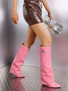 Women's Knee High Fold Over Slouchy Shark Boots Wedges High Heels Pointed Toe Fashion Padlock Buckle Pull On Party Sexy Boots Woman - Pink - View 4