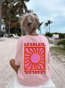 Camiseta de mujer de manga corta, cuello redondo, minimalista y casual con gráfico de sol, ideal para vacaciones de verano en la playa