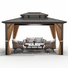 10x13 FT Permanent Aluminum Gazebo 10x12 FT Hardtop Gazebo With Double-Layer PC Roof, Sturdy Metal Pavilion Canopy, All-Weather Outdoor Sunshade Structure With Retractable Curtains For Patio, Backyard, Garden, Deck - 卡其色 - 查看 7
