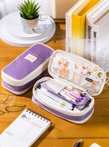 定制双层双开笔袋，多功能笔袋，简约纯色大容量，学校办公用拉链文具收纳袋和化妆袋，可爱铅笔袋，小学生文具袋返校