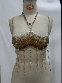 Cadena de pecho de mujer de piedra preciosa popular en oferta caliente, cadena corporal colorida, ropa de playa elegante y sexy para discoteca - Amarillo - Ver 6