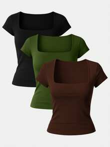 Kit 3 Women's Short Sleeve Suplex Blouse Cold Mesh Basic Blouse - Military Green, Brown and Black - View 1