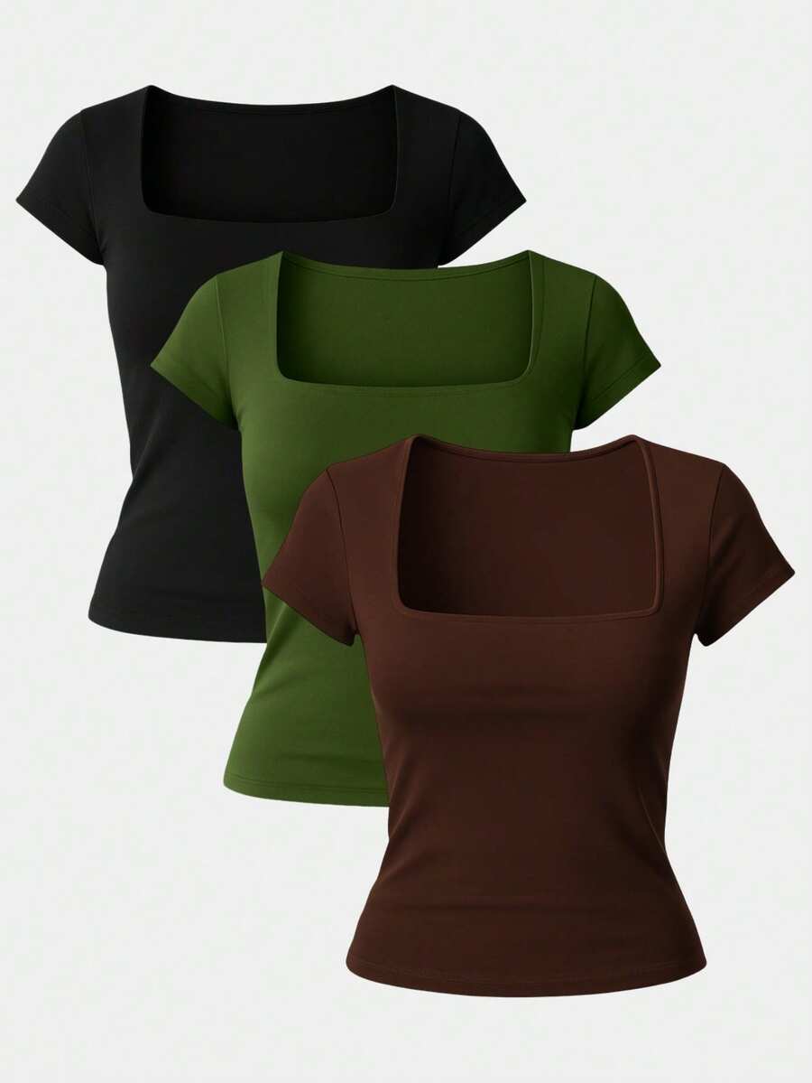 Kit 3 Women's Short Sleeve Suplex Blouse Cold Mesh Basic Blouse - Military Green, Brown and Black - View 1