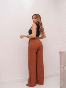 YING ZI Wide Leg Linen Tailored Formal Pants - Rust Brown - View 2