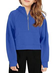 Half Ziper Collar Cropped Hoodies Long Sleeve Fleece Zip Up Pullover Sweatshirts - 寶藍色 - 查看 1