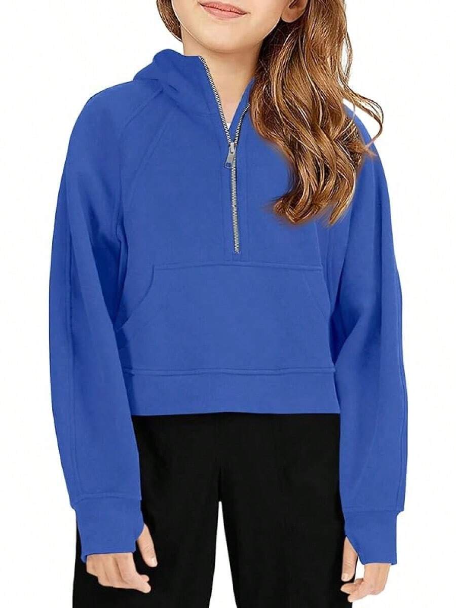 Half Ziper Collar Cropped Hoodies Long Sleeve Fleece Zip Up Pullover Sweatshirts - 寶藍色 - 查看 1