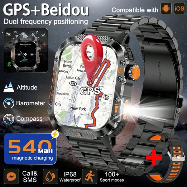 GUHUAVMI GUHUAVMI Men's Outdoor Sports Smartwatch, 2.01-Inch GPS Positioning Smartwatch, LED Flashlight, 540mAh Large Battery, Wireless Calling Function, GPS Track, Waterproof, 100+ Sports Modes, Compass, Altitude And Air Pressure, Weather Forecast, Heart Rate, Sleep Monitoring, Fitness Tracker, Square Design Preferred