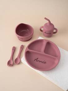 5 件个性化定制婴儿硅胶餐具套装吸盘碗盘子吸管杯软勺叉定制婴儿餐具喂养训练晚餐套装冬夜礼物返校冬季礼物创意男孩女孩情人节多功能字母婴儿时尚柔软可爱卡哇伊独特定制宝贝礼物 - 彩色 - 查看 5