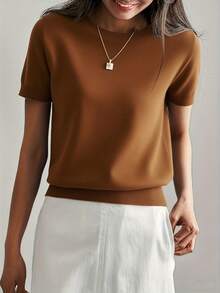 女式轻薄纯色短袖针织T恤，简约夏季上衣 - 芥末黃 - 查看 3