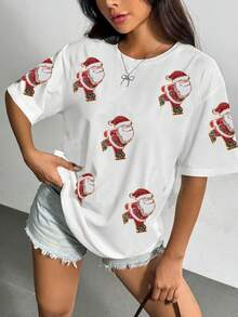 Christmas Santa Claus Sequin Decor Round Neck Short Sleeve T-Shirt - White - View 2