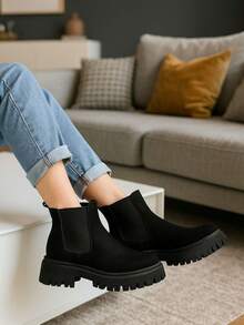 Botines cortos con resortes en los laterales con suela antiderrapante ligera y sueve al tacto moderna para cualquier epoca del año  Preppy    Tela    botines de moda  Exterior - Negro - Ver 3