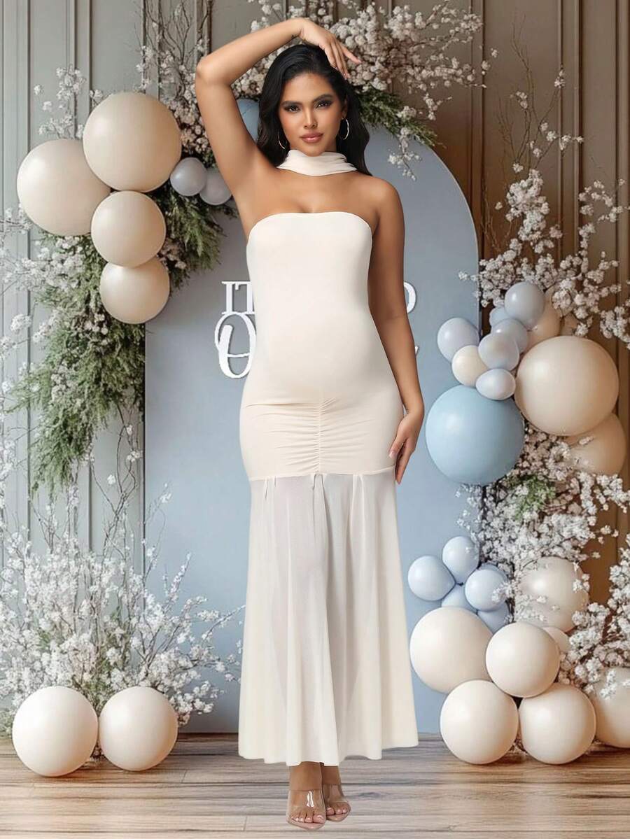 JustVH 孕妇露肩连衣裙，网纱领口，鱼尾裙摆，适合迎婴派对，优雅弹力连衣裙，女士摄影服装 - 杏色 - 查看 1