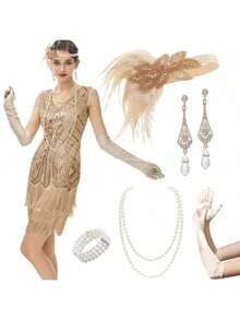5 件 1920 年代盖茨比风格轻佻女郎服装配饰套装 20 年代人造轻佻女郎羽毛头饰复古珍珠项链手套水钻耳环派对头饰女士