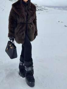 DEEKA Autumn/Winter New Faux Fur Thick Warm Mid-Length Coat With Belt - Chocolate Brown - View 4