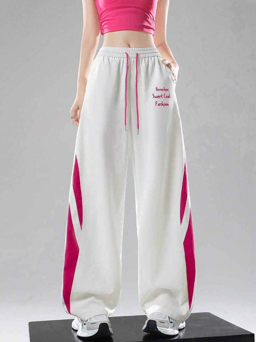 2025 Summer Colorblock Lightweight Straight Drawstring Waist High Waist Slimming Casual Pants