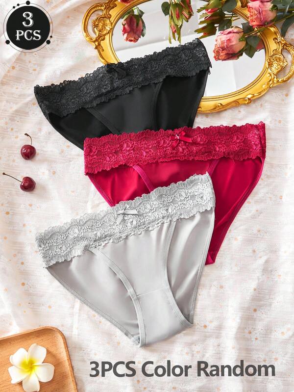 Calcinha feminina de cintura média com 3 peças de cores aleatórias e laços de renda sexy, calcinha francesa romântica vintage com charme maduro, lingerie casual macia e confortável, roupa íntima fofa e doce das quatro estações, adequada para presentear em casa